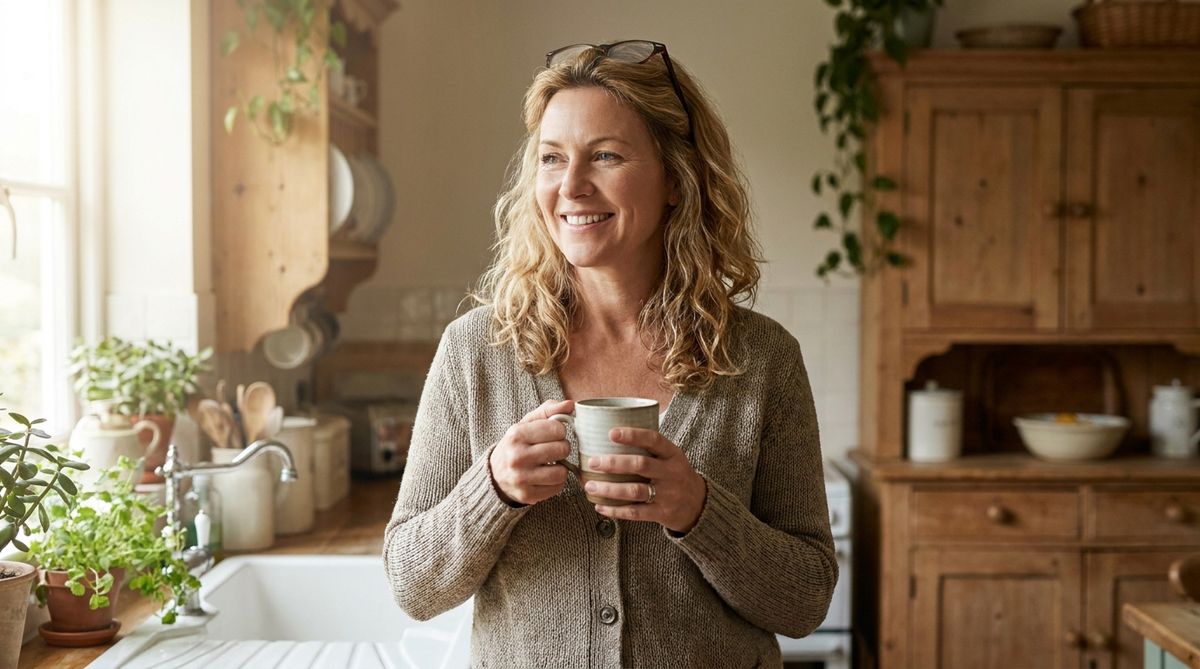 Entspannte Frau Ende 40 steht mit einer Tasse Kaffee in ihrer Kueche im warmen Morgenlicht.