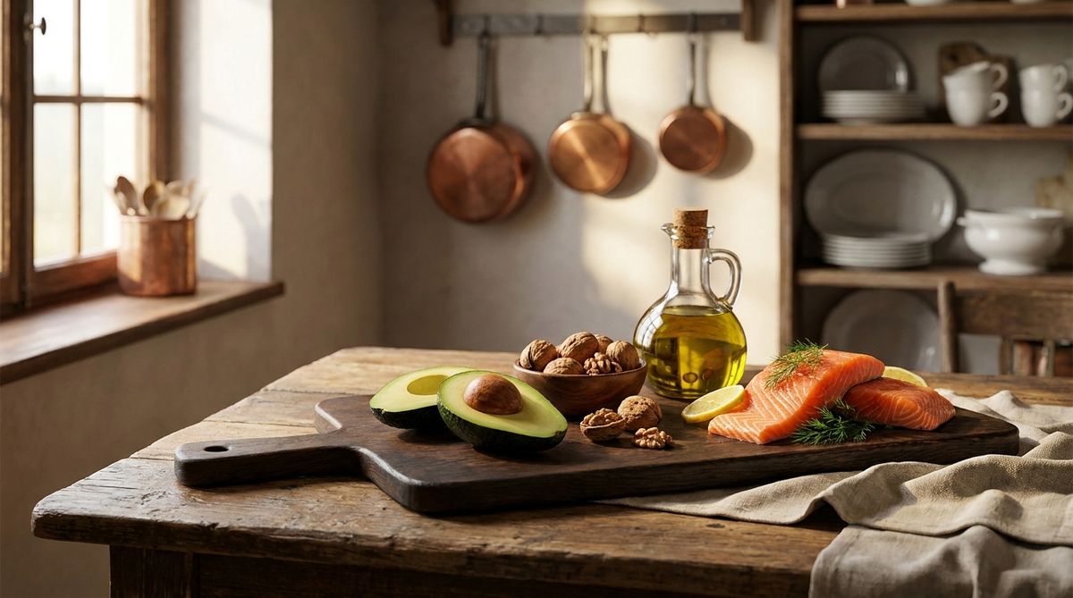 Avocado, Walnuesse, Olivenoel und Lachs auf einem Holztisch im warmen Seitenlicht.