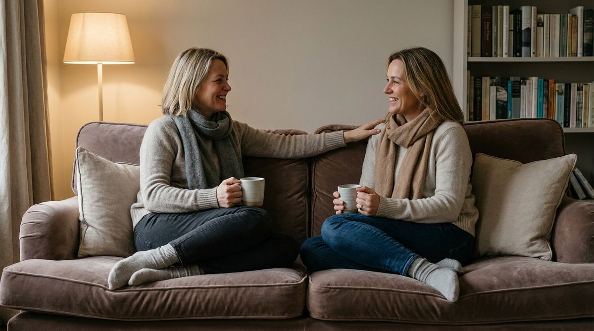Zwei Frauen sitzen mit Tee auf dem Sofa und sprechen einfuehlsam miteinander.