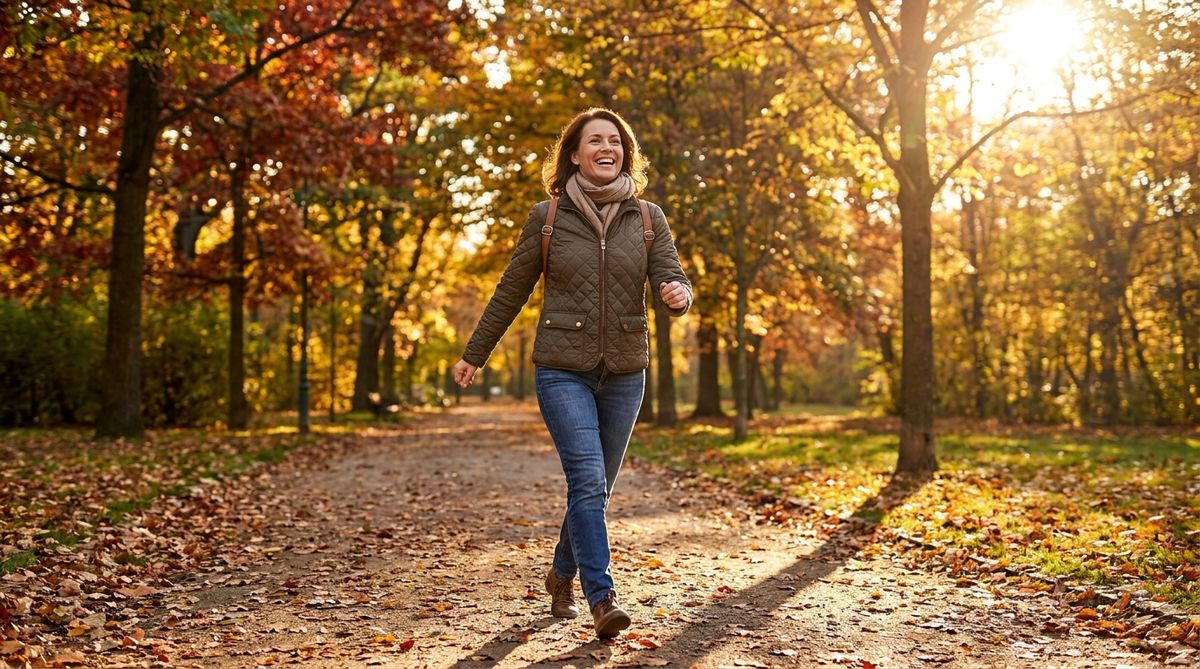 Eine Frau geht zuegig und froehlich durch einen Park voller Herbstlaub.
