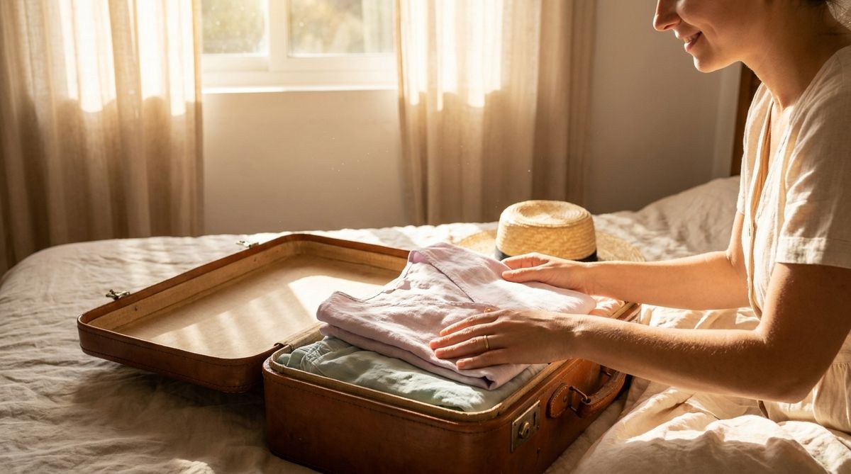 Haende falten leichte Sommerkleidung in einen offenen Koffer auf dem Bett.