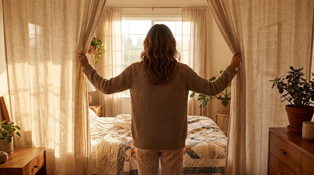 Eine Frau oeffnet morgens die Vorhaenge, goldenes Sonnenlicht faellt ins Schlafzimmer.