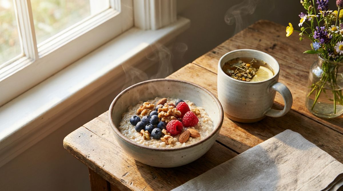 Warmer Porridge mit Beeren und Nuessen neben einer Tasse Kraeutertee im Morgenlicht.