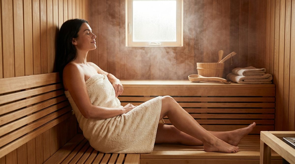Eine Frau ruht in ein grosses Handtuch gewickelt auf einer Holzbank in der Sauna.