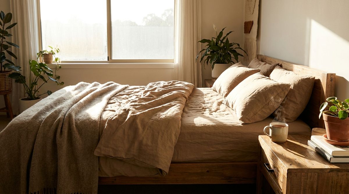 Gemuetliches Schlafzimmer mit Leinenbettwaesche im warmen Morgenlicht.