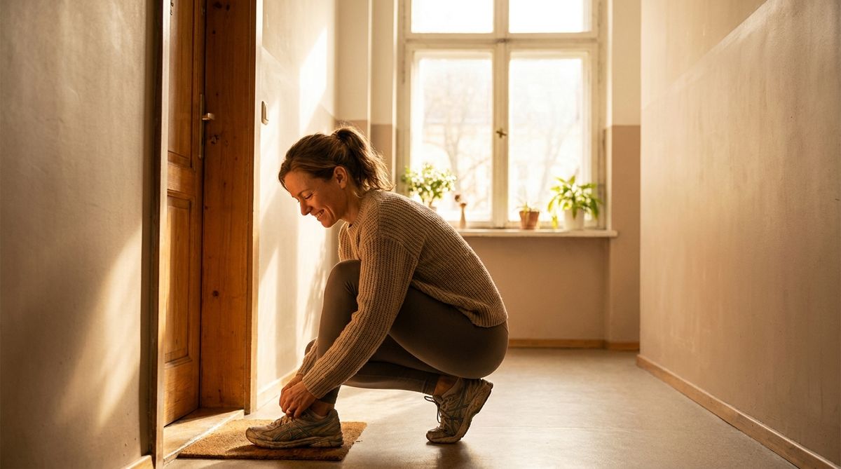 Eine Frau schnuert an der Wohnungstuer ihre Turnschuhe, Morgenlicht faellt in den Flur.
