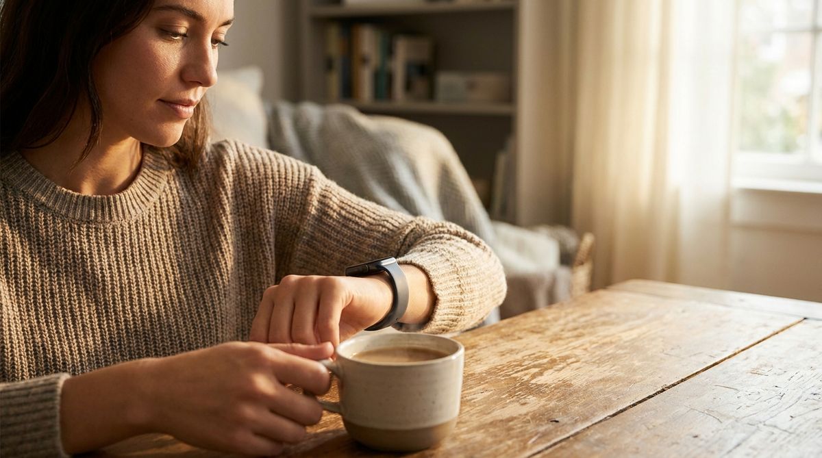 Eine Frau schaut entspannt mit einem Kaffee auf ihre Smartwatch.