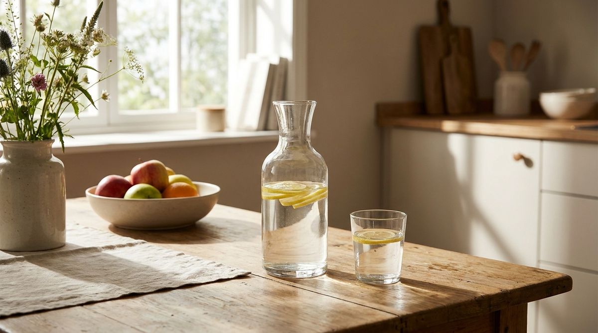 Glaskaraffe mit Wasser und Zitronenscheiben neben einem gefuellten Glas auf dem Kuechentisch.
